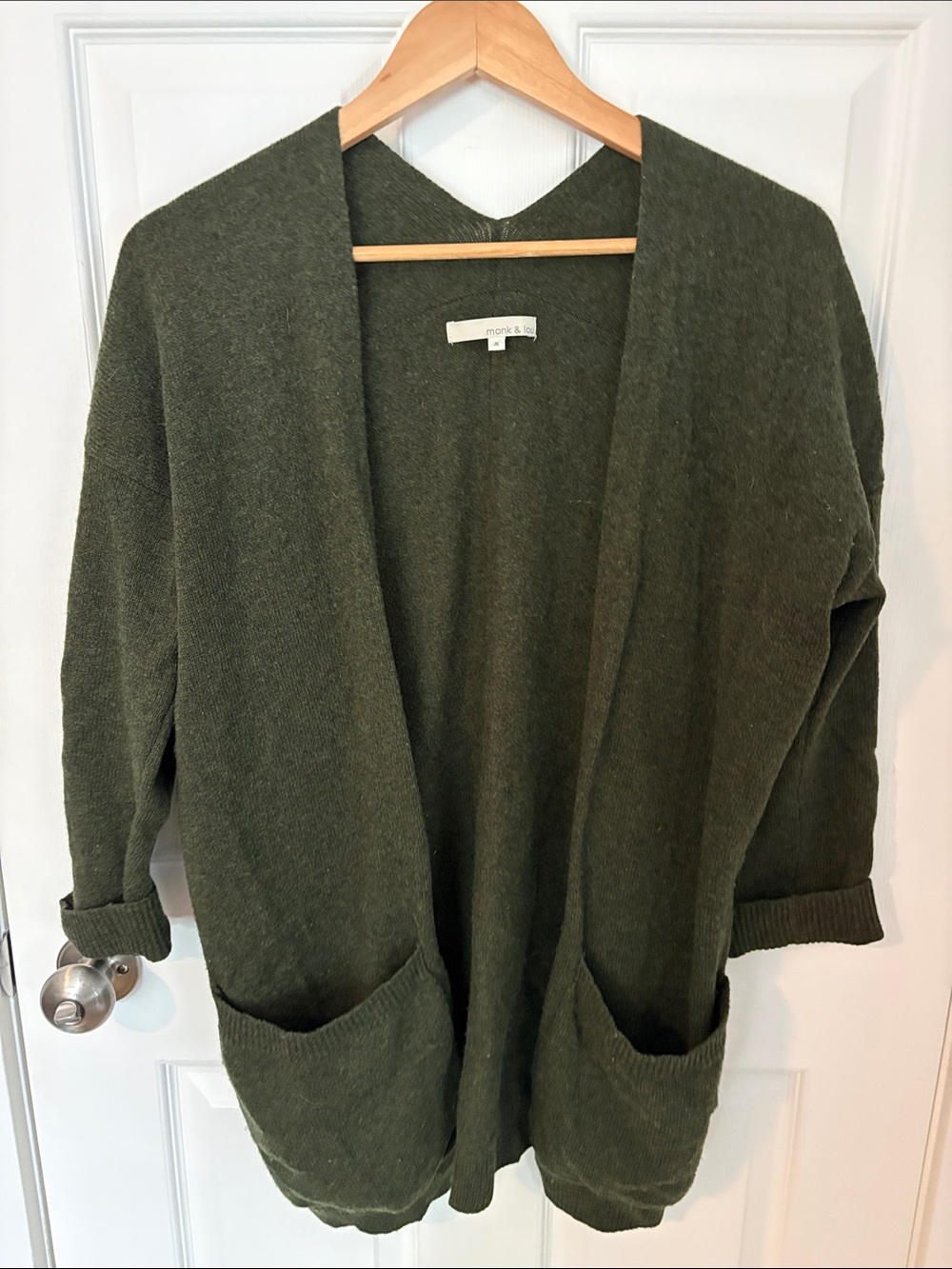Monk & Lou Dark Olive Open-Front Pocket Cardigan